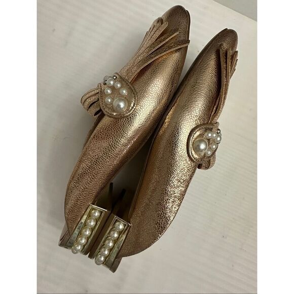 Karl Lagerfeld Pearl-Trimmed Metallic Bronze Fringe Loafers Size 9.5M - Picture 3 of 10